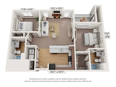 Floor plan for 2 beds, 2 baths, 987 sqft